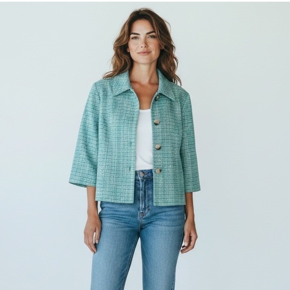 Vintage‎ Mod Coastal Grandmacore Tweed Jacket L Boxy Teal Blue Yellow Woven Poly